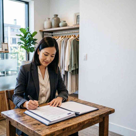 Asian businesswoman writing notes in a notebook while sitting at the table.