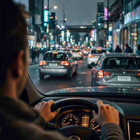 View from the back seat of a man driving a car in the city