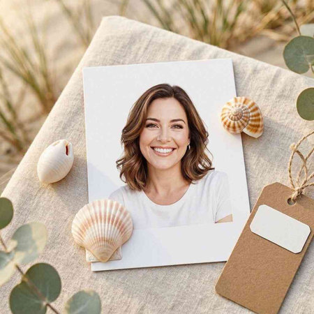Cute woman sitting at a table with seashells and card