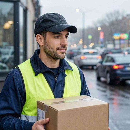 Courier in the rain with a box in his hand.