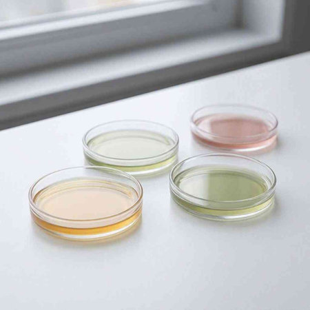 Petri dishes with bacterial colonies on the table in a laboratory.