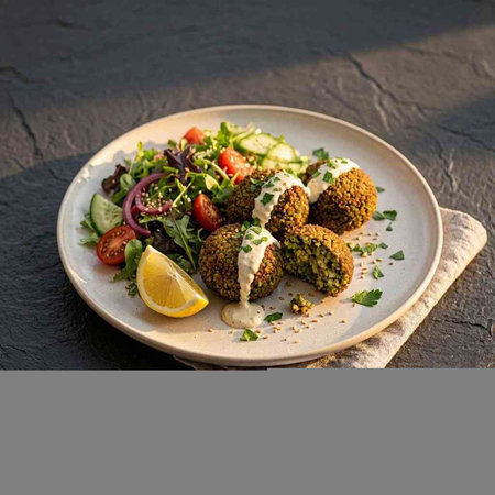 Vegetarian salad with falafel and arugula. Healthy food concept.