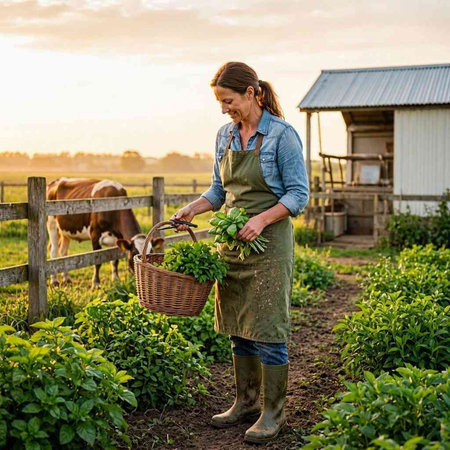 Mature woman farmer standing with basket full of fresh mint on field