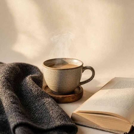 Cup of coffee, book and scarf on a light background.