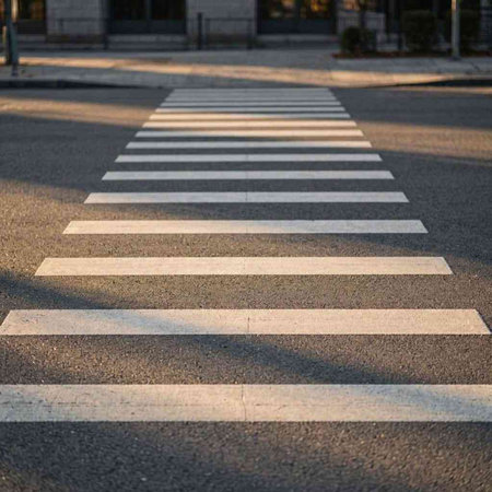 Zebra crossing in the city at sunset, close-up.