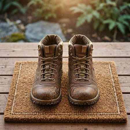 Pair of hiking boots on a wooden table in the garden.