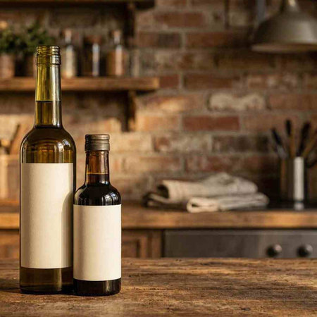 Two bottles of wine with blank labels on a rustic wooden table