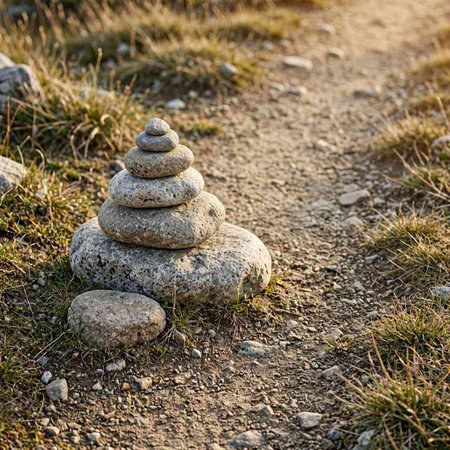 Stones stacked on top of each other on a mountain path.
