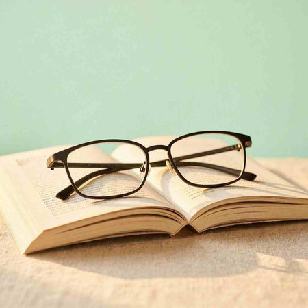 Glasses on a book on a green background. Selective focus.