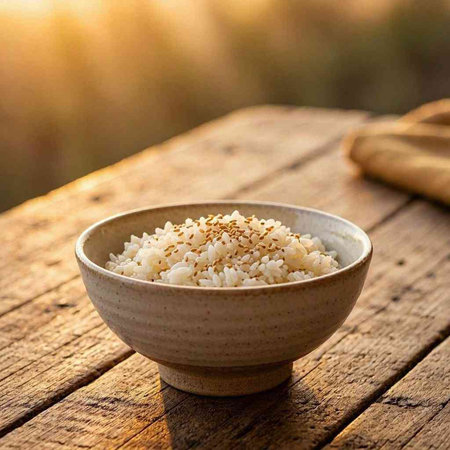 Rice in a bowl on a wooden table. Selective focus.