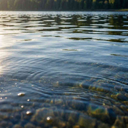 Water ripples on the surface of the lake in the rays of the setting sun