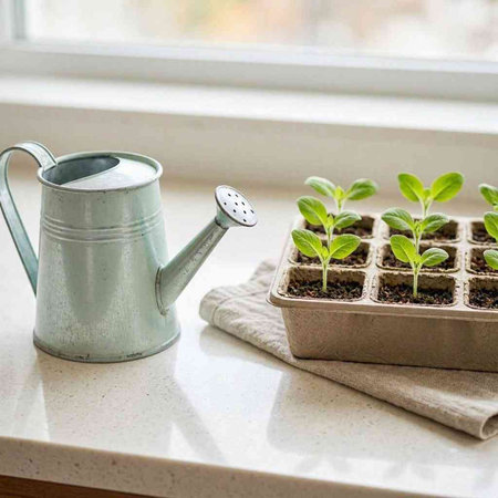Watering can and seedlings on the windowsill. Gardening concept