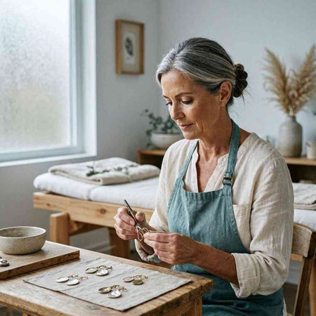 Elderly woman working in her pottery studio. Female potter sitting at the table and working with clay.