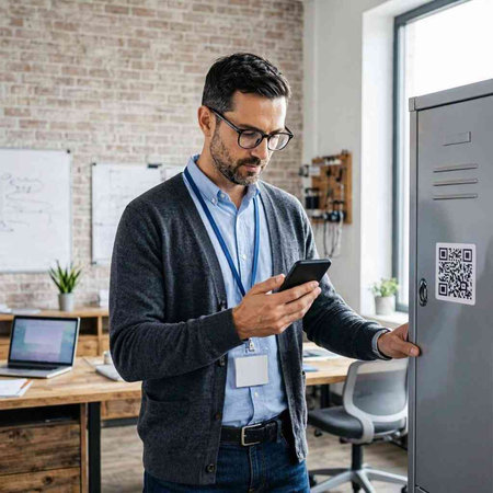 Businessman using mobile phone while standing in front of locker in office