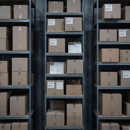 Boxes on the shelves of a warehouse. 3D rendering.