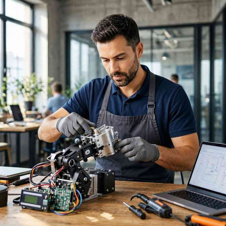 Technician repairing a robot in a workshop. Technology and engineering concept.