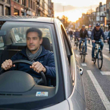 Handsome young man driving a car in the city at sunset