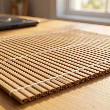 Bamboo mat on a wooden table in front of a laptop.