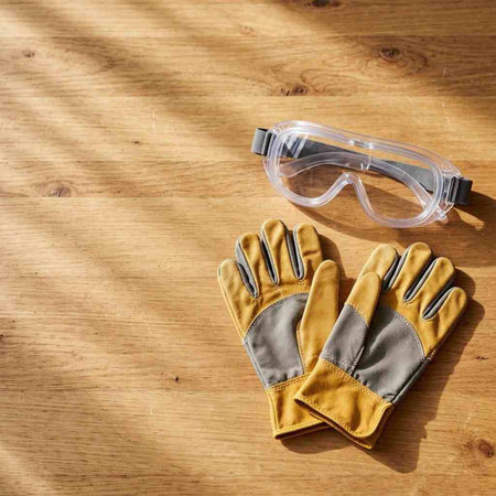Protective goggles and gloves on a wooden background. Safety equipment.