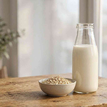 Oat milk in a glass bottle and oatmeal on a wooden table