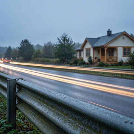 Car light trails on the road with houses in the background at night
