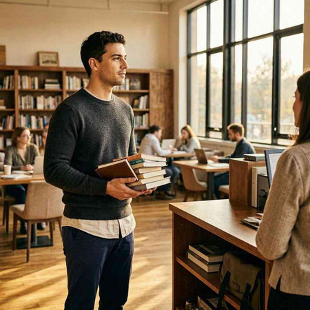 Young man holding books and talking to his friend while standing in library