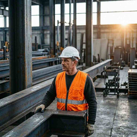 Factory worker with safety helmet and reflective vest looking at the camera.