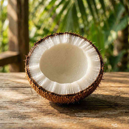Coconut on a wooden table. Coconut on a wooden table.