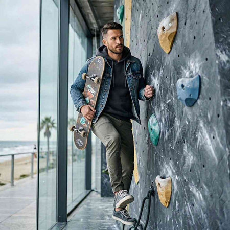 Handsome man with skateboard on the background of the wall