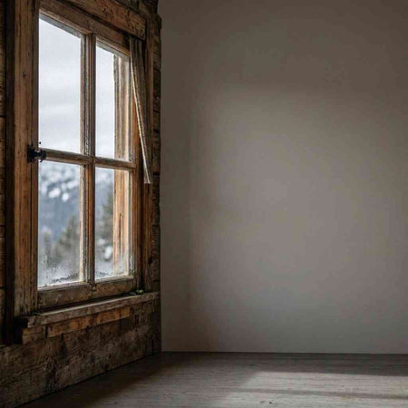 Empty room with a window and snow-covered mountains in the background