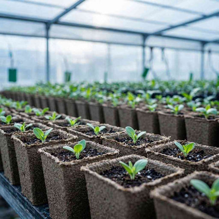 Young seedlings of cucumbers in peat pots in a greenhouse