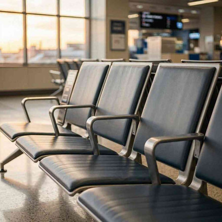 Waiting area in an airport terminal waiting room with rows of chairs