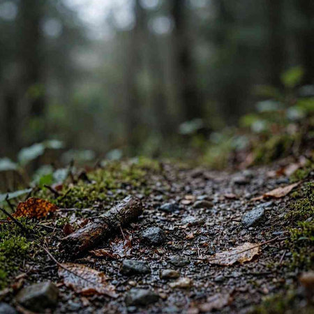 Hiking trail in the forest with fallen leaves and moss on the ground