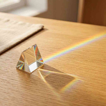 Diamond on a wooden table with a blurred rainbow in the background.