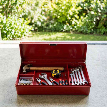 Set of tools in a red case on the table in the garden