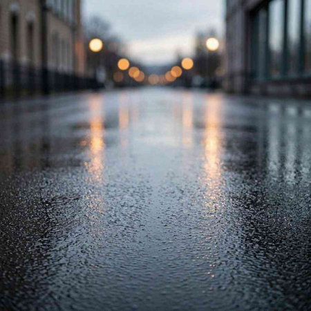 Raindrops on the asphalt in the city. Blurred background.