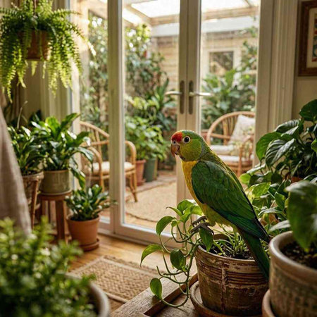 Parrot sitting on a green plant in a pot on the windowsill