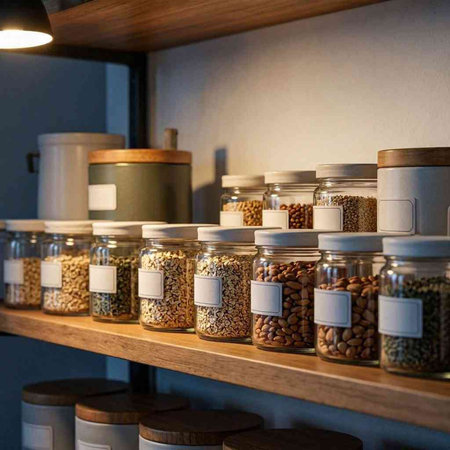 Glass jars with various kinds of beans on a shelf in a shop