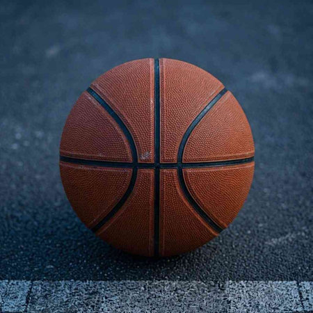 Basketball ball on the floor in the gym. Close-up