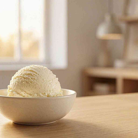 Vanilla ice cream in a white bowl on a wooden table in the kitchen
