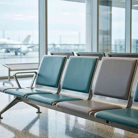 Waiting area at the airport with chairs and planes in the background