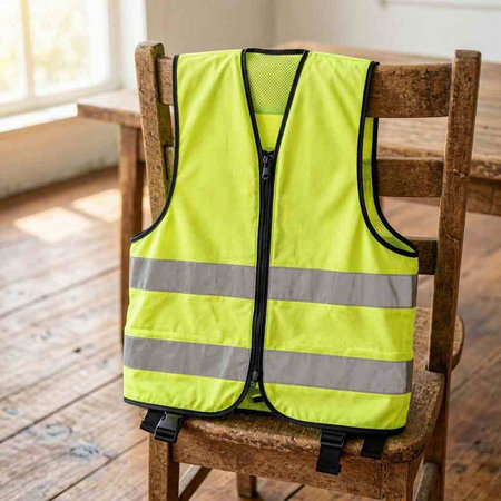 Safety vest on a chair in the interior of a country house.