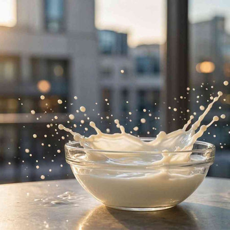 Milk splash in a glass bowl on a table in front of a window
