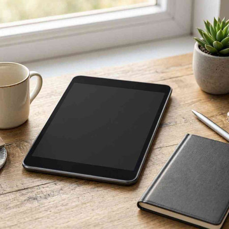 Tablet pc with blank screen on wooden table with coffee cup and notebook