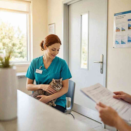 Female veterinarian examining a cat in a veterinary clinic. Focus on the cat