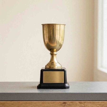 Golden trophy cup on a wooden table in a room with a white wall