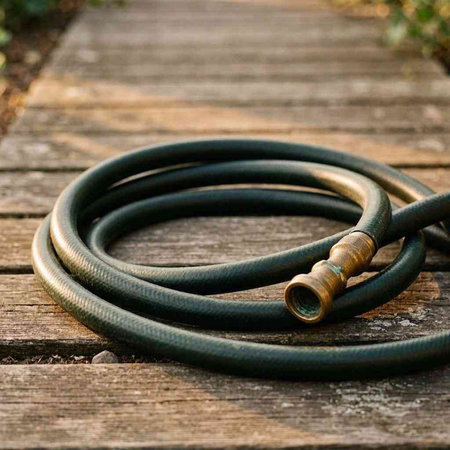 Water hose on a wooden path. Water hose on the ground.