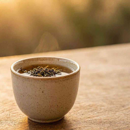 A cup of green tea on a wooden table. Selective focus.