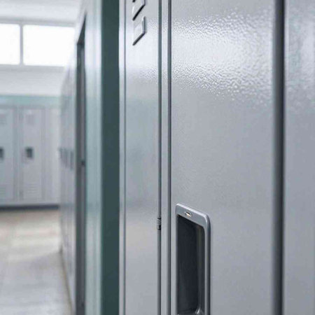 A row of metal lockers in a row in a public locker room
