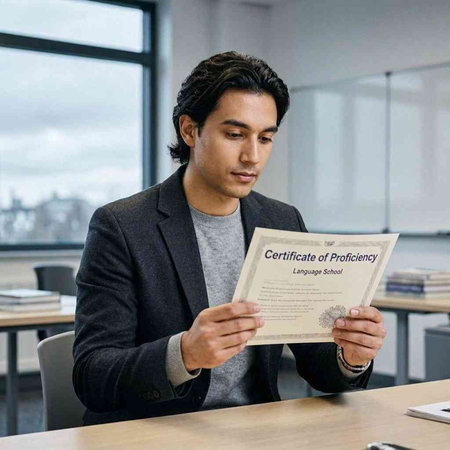 Businessman reading a contract in an office, looking at the camera.